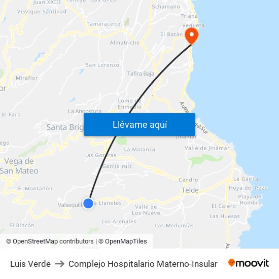 Luis Verde to Complejo Hospitalario Materno-Insular map