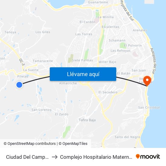 Ciudad Del Campo Alto to Complejo Hospitalario Materno-Insular map