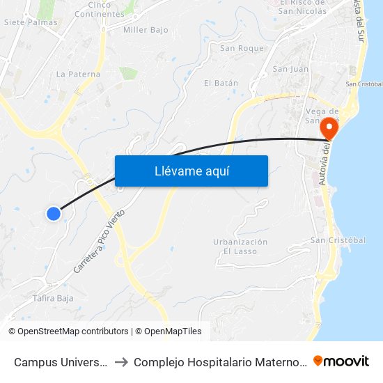 Campus Universitario to Complejo Hospitalario Materno-Insular map