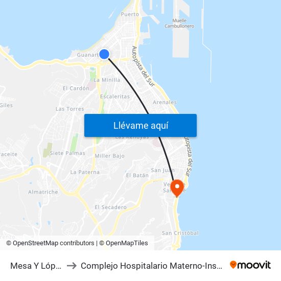 Mesa Y López to Complejo Hospitalario Materno-Insular map