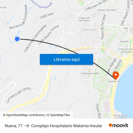 Nueva, 77 to Complejo Hospitalario Materno-Insular map