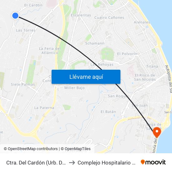 Ctra. Del Cardón (Urb. Díaz Casanovas) to Complejo Hospitalario Materno-Insular map