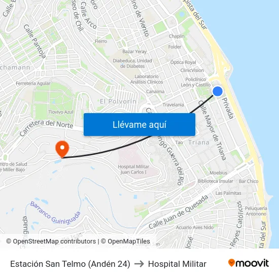 Estación San Telmo (Andén 24) to Hospital Militar map