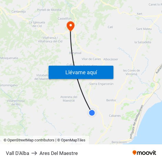 Vall D'Alba to Ares Del Maestre map