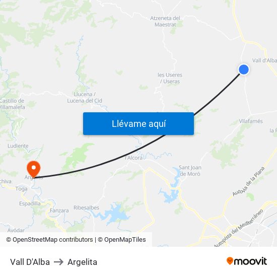 Vall D'Alba to Argelita map