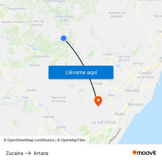 Zucaina to Artana map