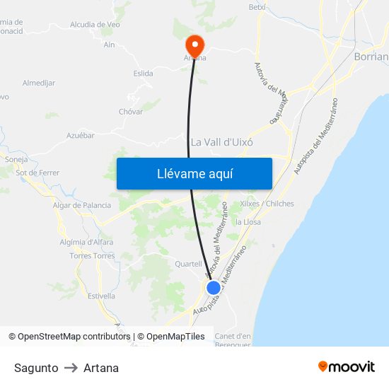 Sagunto to Artana map