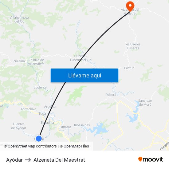 Ayódar to Atzeneta Del Maestrat map