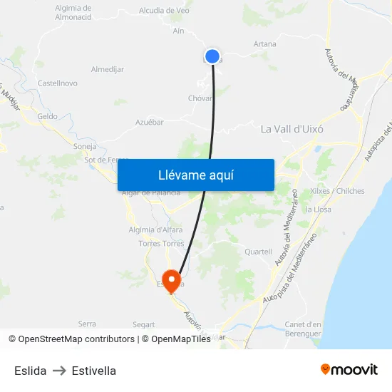Eslida to Estivella map
