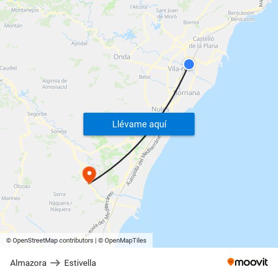 Almazora to Estivella map