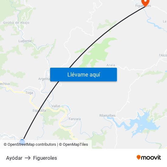 Ayódar to Figueroles map