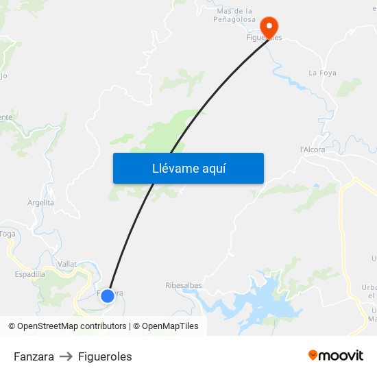 Fanzara to Figueroles map