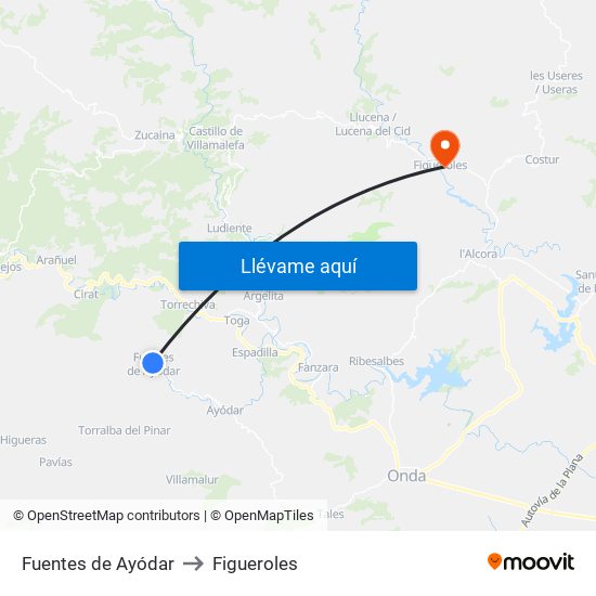 Fuentes de Ayódar to Figueroles map