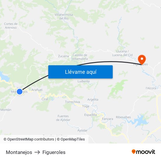 Montanejos to Figueroles map