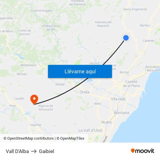 Vall D'Alba to Gaibiel map