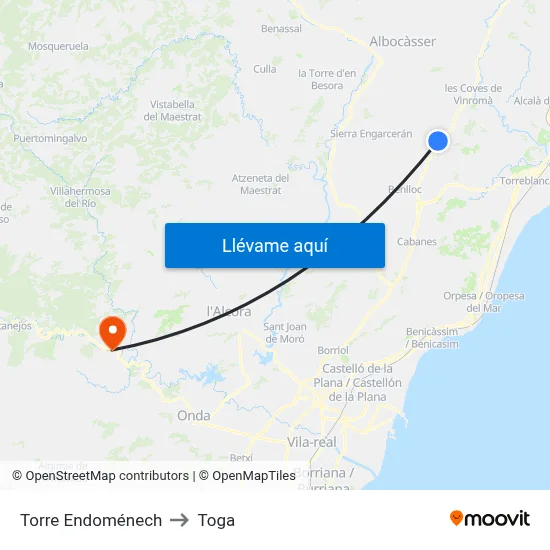 Torre Endoménech to Toga map
