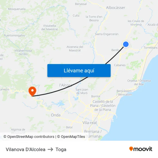 Vilanova D'Alcolea to Toga map