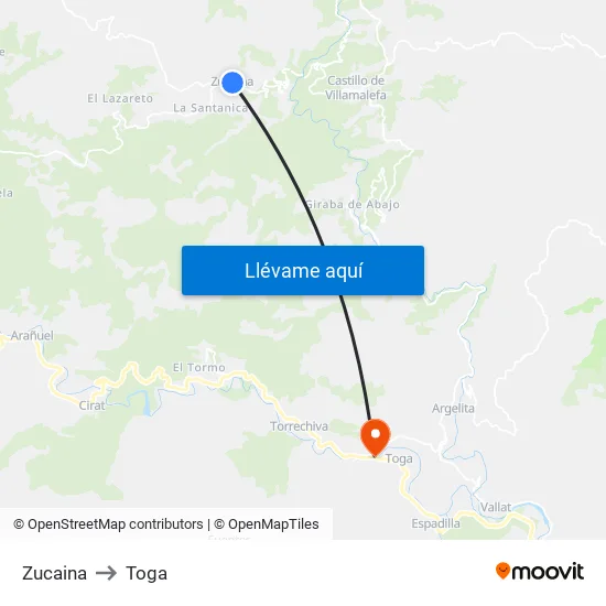 Zucaina to Toga map