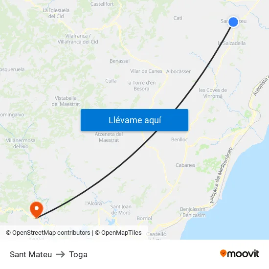 Sant Mateu to Toga map