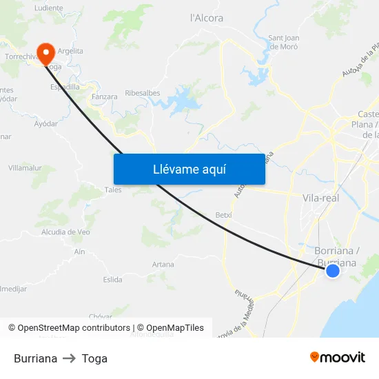 Burriana to Toga map