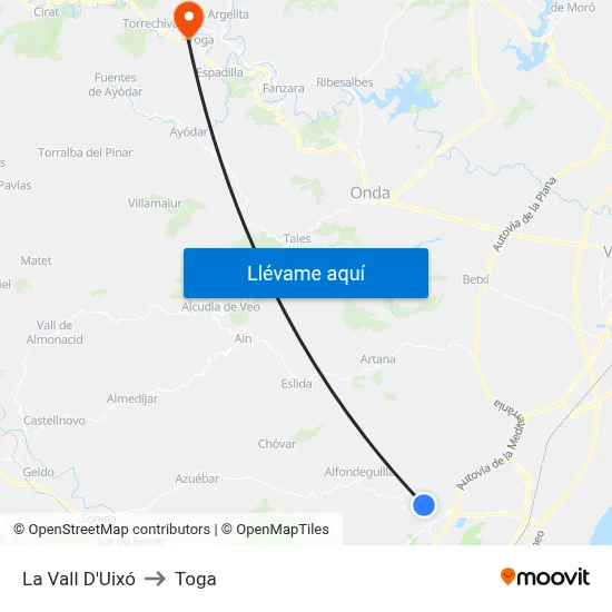 La Vall D'Uixó to Toga map