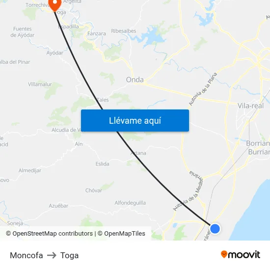 Moncofa to Toga map