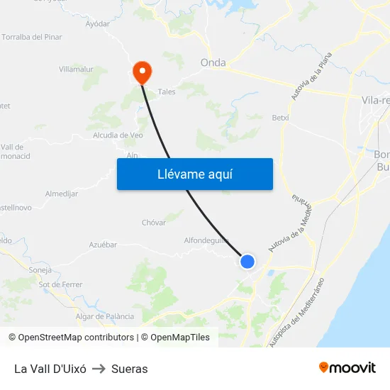 La Vall D'Uixó to Sueras map