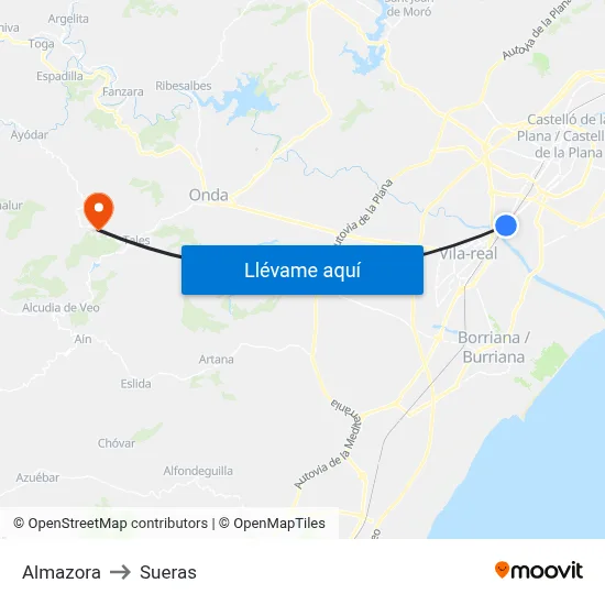 Almazora to Sueras map