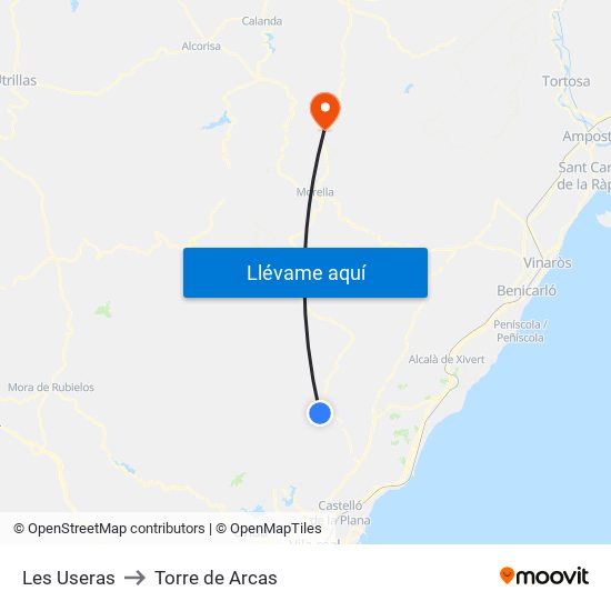 Les Useras to Torre de Arcas map