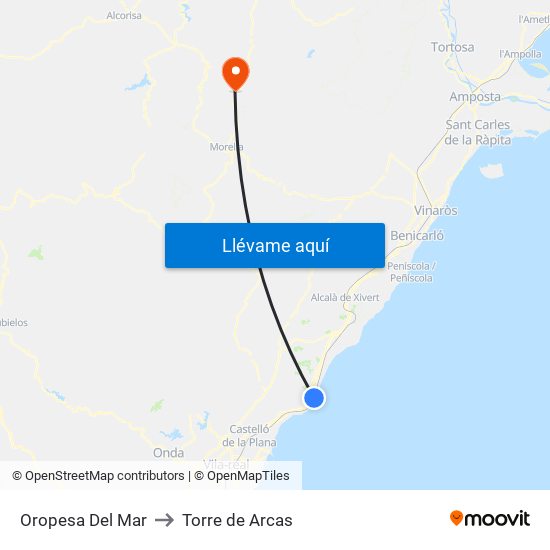 Oropesa Del Mar to Torre de Arcas map