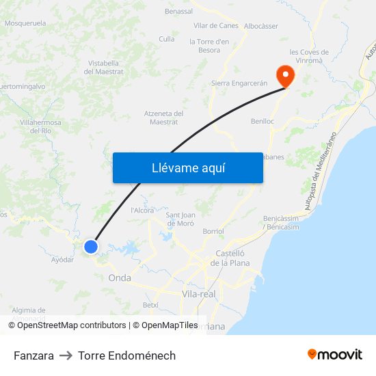 Fanzara to Torre Endoménech map