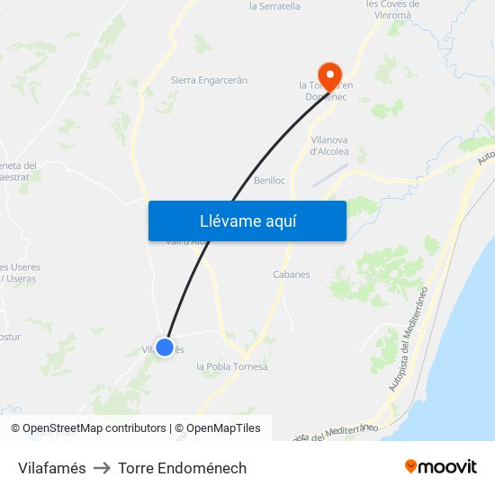 Vilafamés to Torre Endoménech map