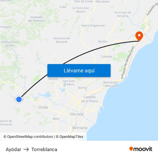 Ayódar to Torreblanca map