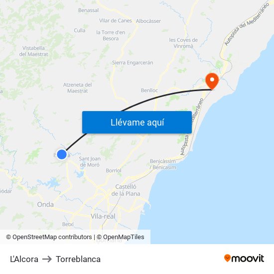 L'Alcora to Torreblanca map