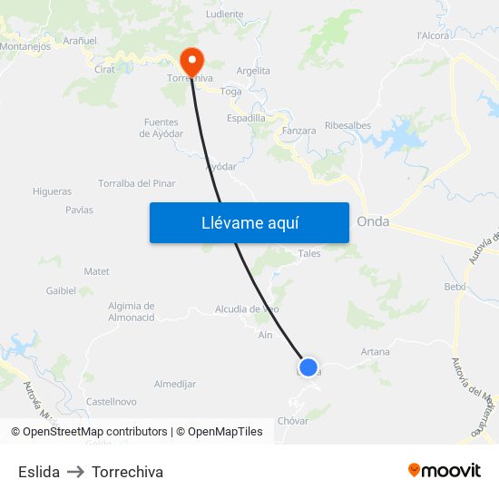 Eslida to Torrechiva map