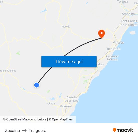 Zucaina to Traiguera map