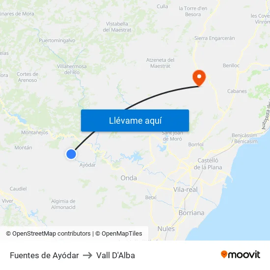 Fuentes de Ayódar to Vall D'Alba map
