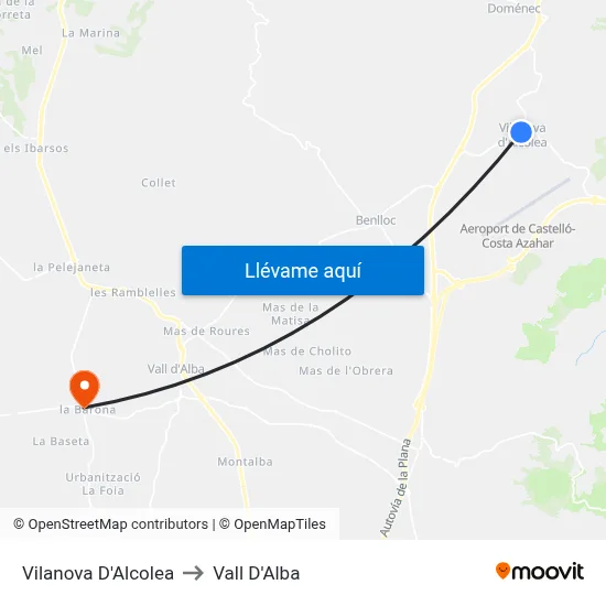 Vilanova D'Alcolea to Vall D'Alba map
