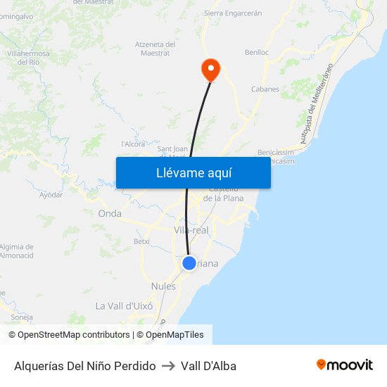 Alquerías Del Niño Perdido to Vall D'Alba map