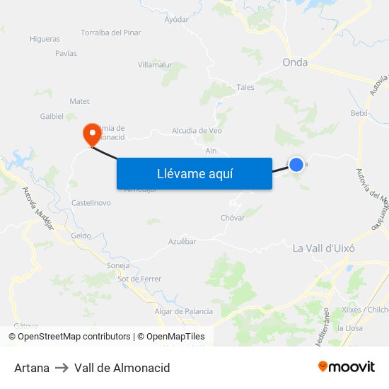 Artana to Vall de Almonacid map