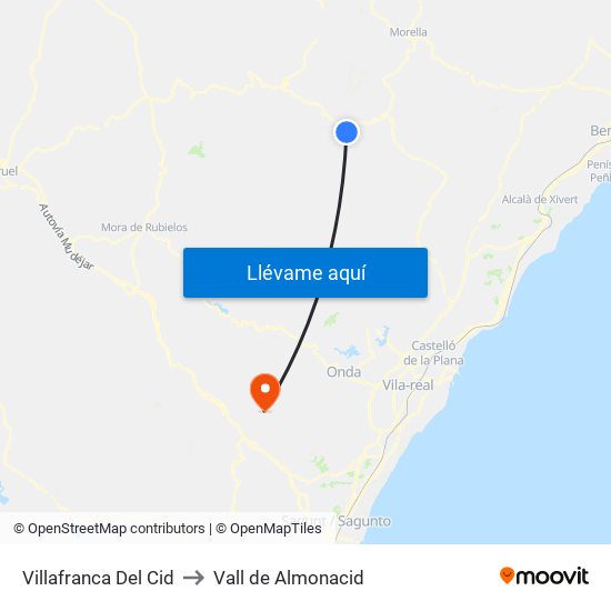 Villafranca Del Cid to Vall de Almonacid map