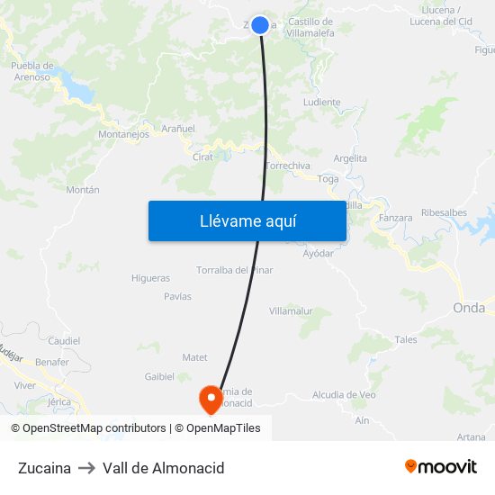 Zucaina to Vall de Almonacid map