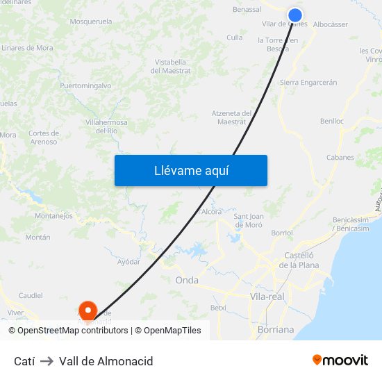 Catí to Vall de Almonacid map