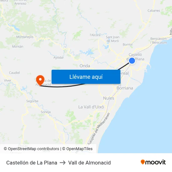 Castellón de La Plana to Vall de Almonacid map