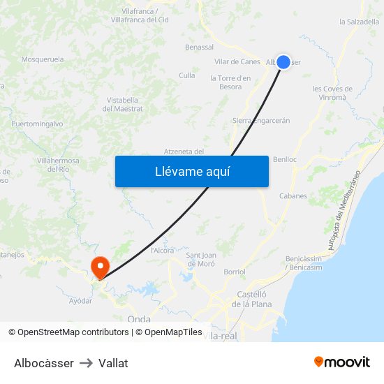 Albocàsser to Vallat map