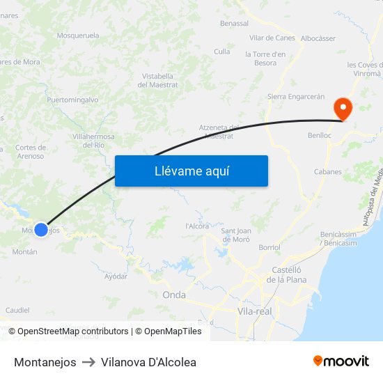 Montanejos to Vilanova D'Alcolea map