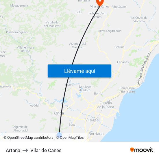 Artana to Vilar de Canes map