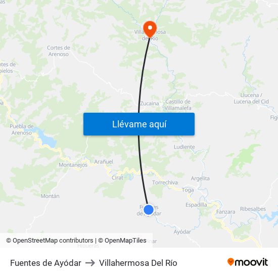 Fuentes de Ayódar to Villahermosa Del Río map