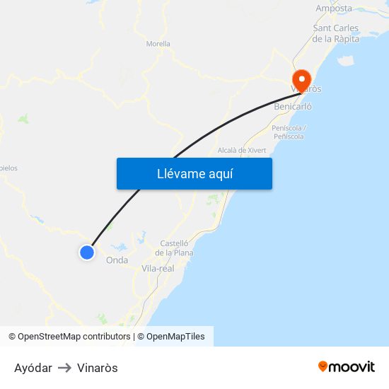 Ayódar to Vinaròs map