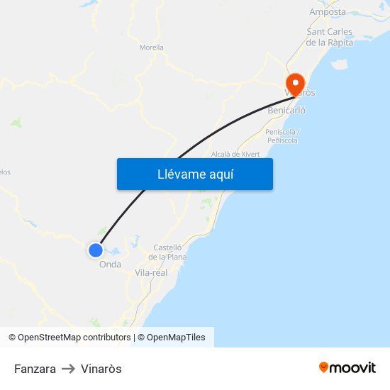 Fanzara to Vinaròs map